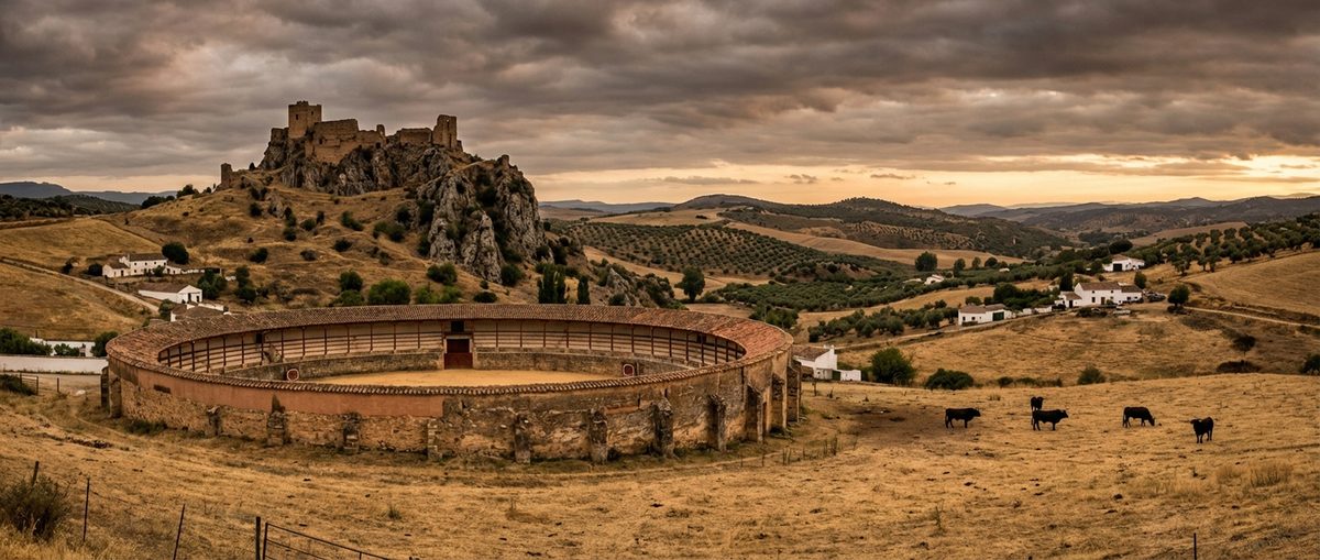 Vista de la Plaza de Toros de Belmez con el Castillo al fondo, provincia de Córdoba