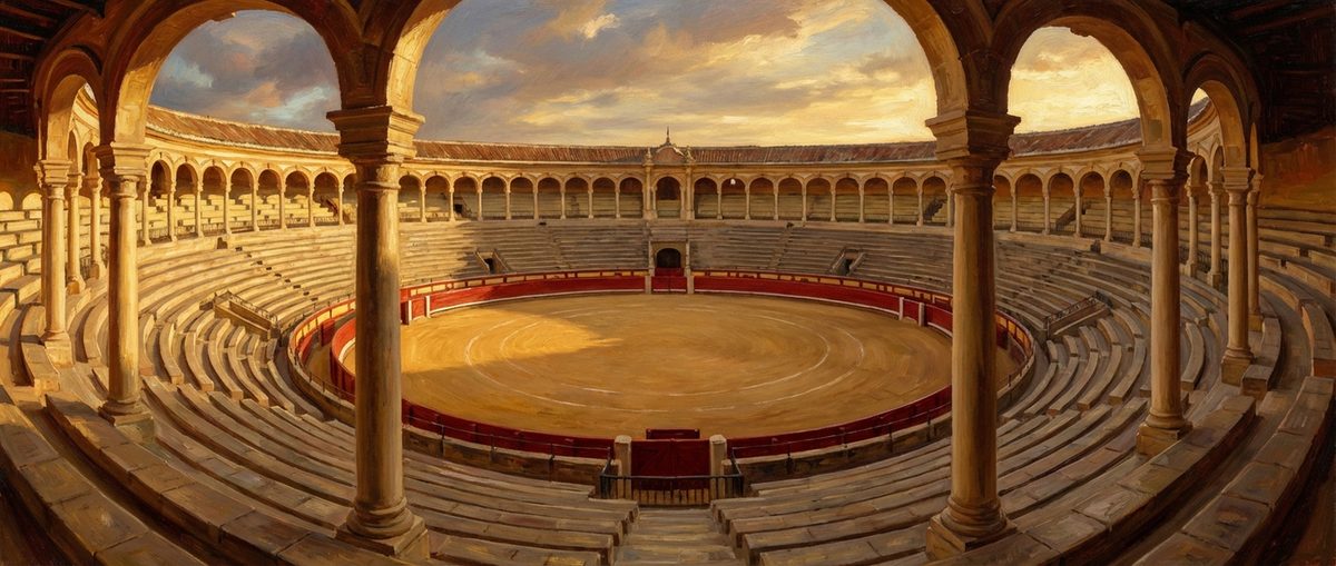 Vista panorámica de una plaza de toros española al atardecer
