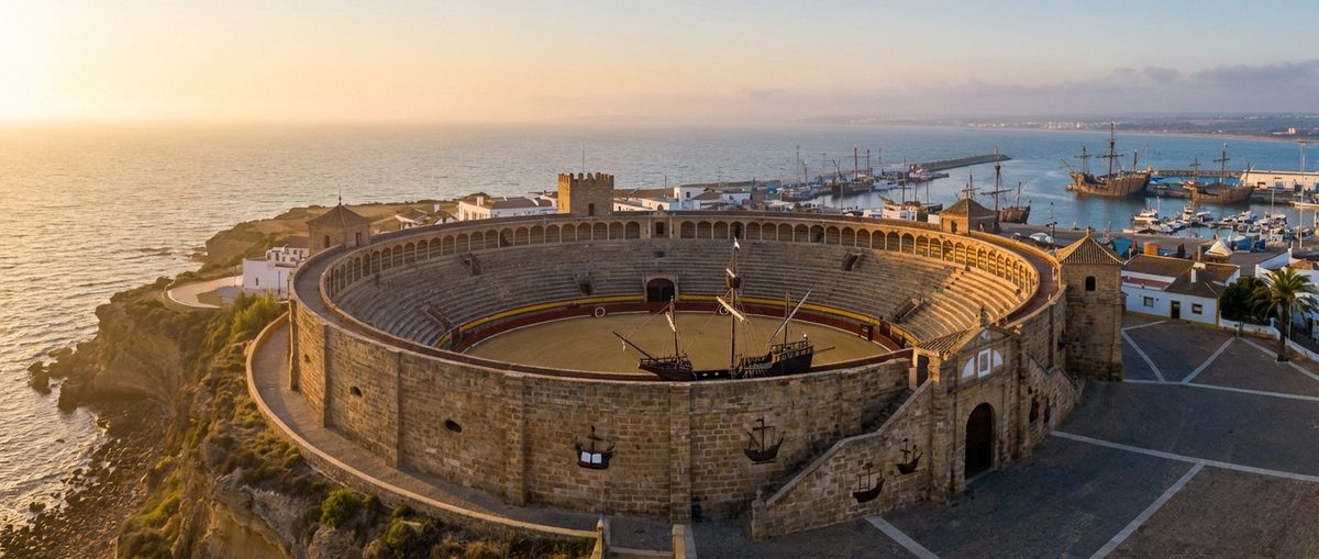 Vista del Coso del Descubrimiento, la plaza de toros de Palos de la Frontera en Huelva