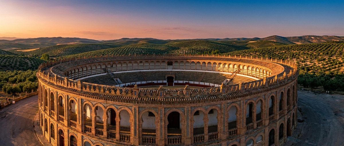 Vista de la Plaza de Toros de Villanueva del Arzobispo, coso neomudéjar de 1928 en la provincia de Jaén